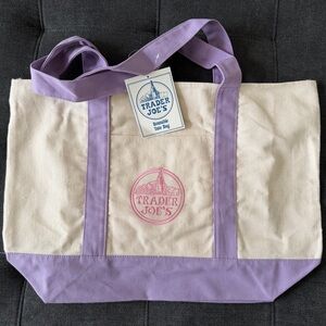 Full Size Trader Joe's Spring Lavender and Cream Canvas Tote Bag